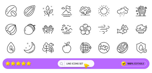 Almond nut, Plants watering and Hazelnut line icons for web app. Pack of Seafood, Fair trade, Sea mountains pictogram icons. No alcohol, Co2 gas, Sunny weather signs. Pecan nut, Tree. Vector