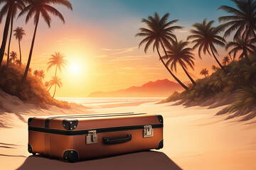 vacation travel time banner, open travel suitcase with an exotic destination inside with copy space area design. 