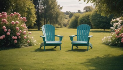 A picturesque garden with blooming flowers and lush greenery, featuring two chairs for quiet contemplation