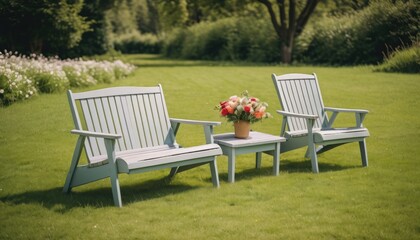 Escape to the tranquility of a garden sanctuary, where two white chairs await beneath a canopy of blossoms