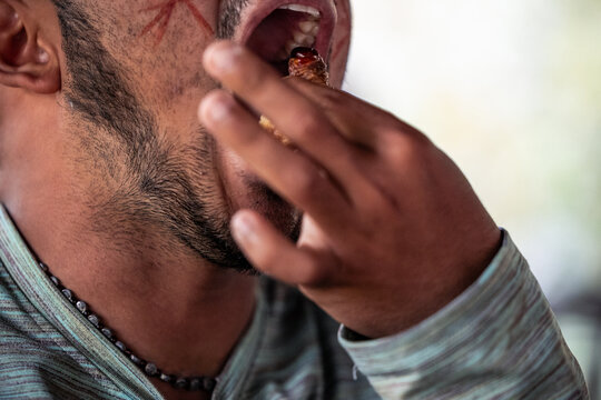 Tourist eating a chontacuro worm in the Ecuadorian Amazon rainforest