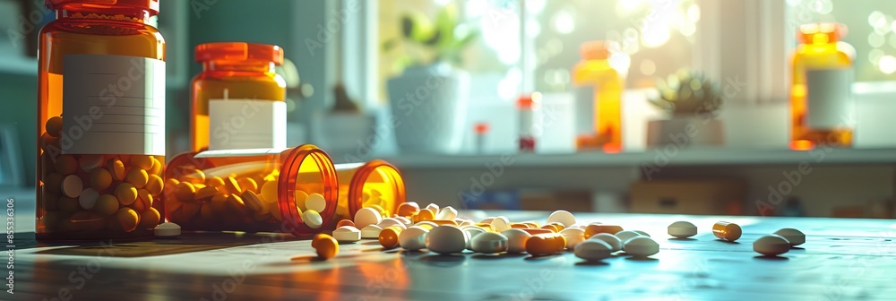 Aufkleber an image of several prescription pill bottles with their caps open, and spilled pills on a tabletop.