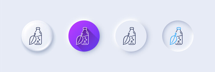 Water bottle line icon. Neumorphic, Purple gradient, 3d pin buttons. Soda aqua drink sign. Mint leaf symbol. Line icons. Neumorphic buttons with outline signs. Vector © blankstock