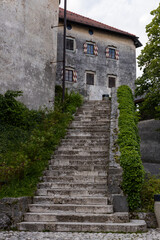 Fototapeta premium Panoramic view from Lake Bled, beauty heritage in Slovenia. Island with church and castle in the background create a dream setting. View from the castle, museum and court.
