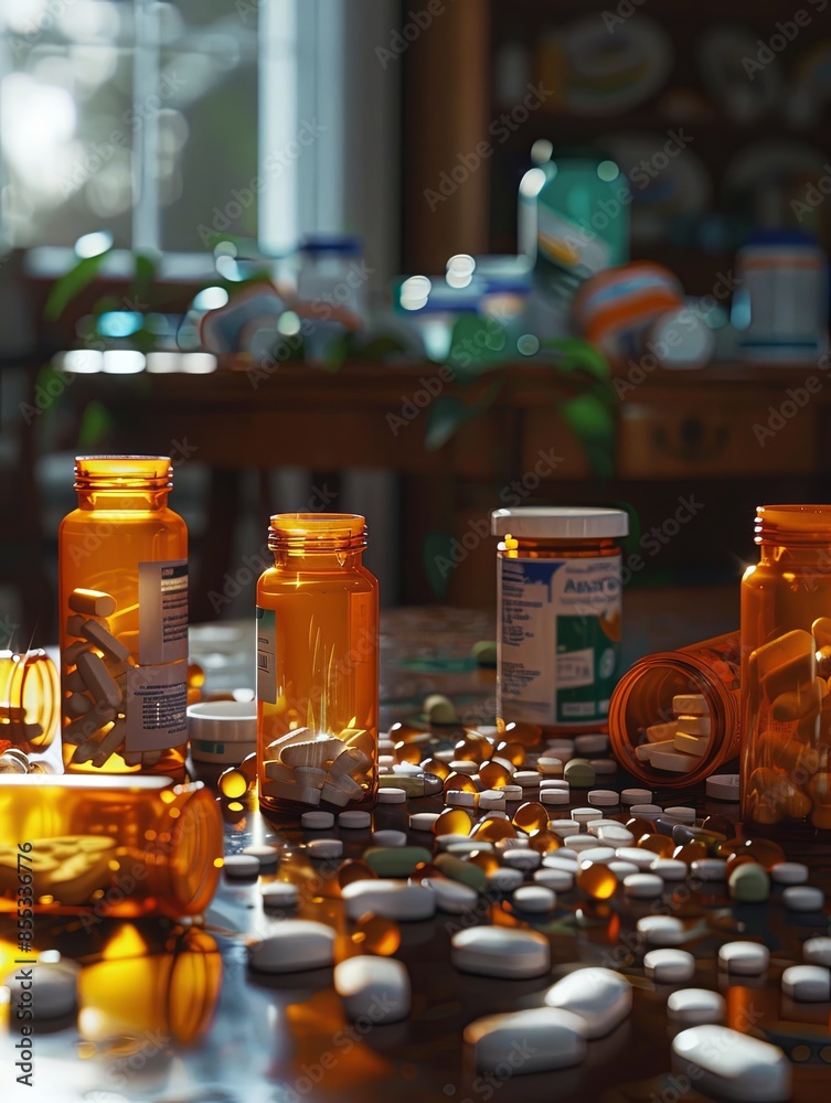 Poster A close-up view of multiple prescription pill bottles with their caps open, revealing various pills scattered across a table. Generative AI