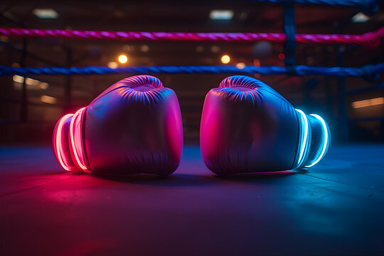 A pair of neon boxing gloves in a boxing ring. Boxing banner, flyer, poster with copy space. Night boxing translation. - Powered by Adobe