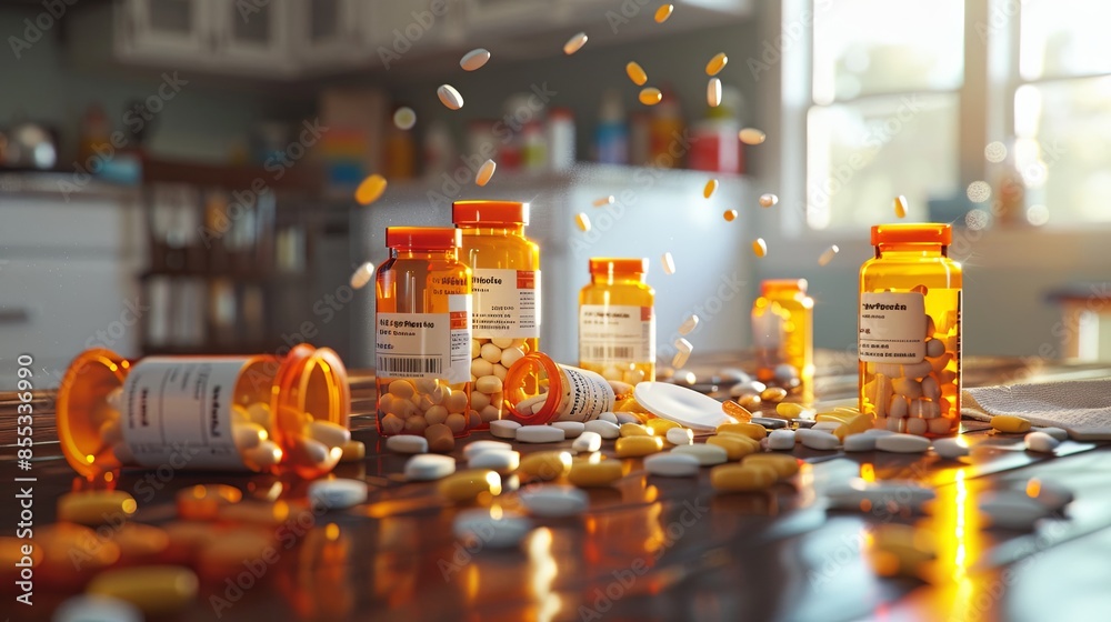Aufkleber A close-up image of several open prescription pill bottles with pills scattered on a table. Generative AI