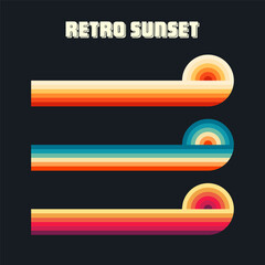 Obraz premium Vintage sunset collection. Various colorful striped sunrise badges in 80s and 90s style. Sun and ocean view, summer vibes, surfing. Design element for print, logo or t-shirt. Vector illustration