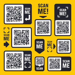 Naklejka premium Scan me QR code sticker with text. Online payment. Special offer sale stickers, shopping discount label, promotional badge. Product serial number. Supermarket retail price tag. Vector illustration