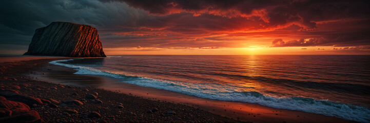 Obraz premium Dramatic sunset over the ocean, with a large rock formation prominently featured on the beach.