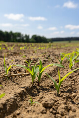 corn sprouts in sunny spring weather