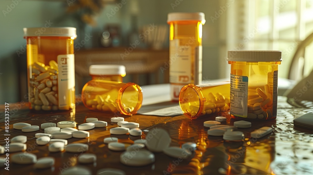 Fototapete a close-up of a tabletop with multiple prescription pill bottles and scattered pills. the bottles ar