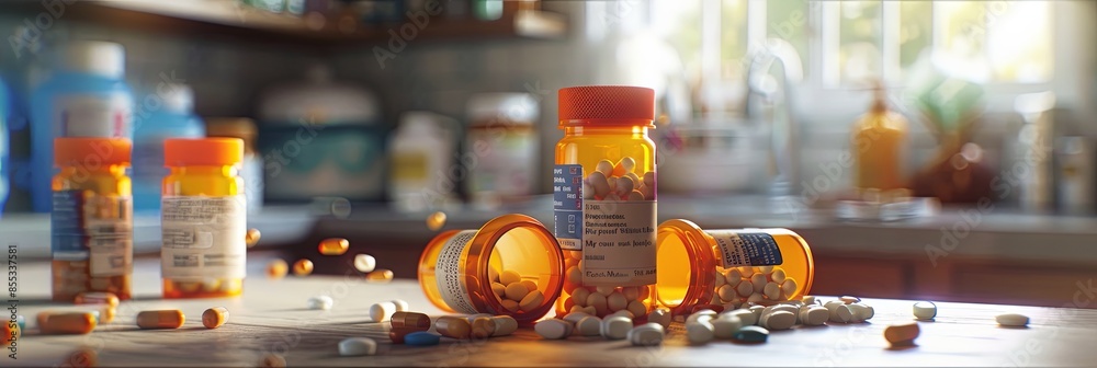 Aufkleber several prescription pill bottles are open and scattered with pills on a kitchen counter. generative