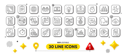 Technical algorithm, Cloud computing and Startup rocket line icons pack. 3d design elements. Winner reward, Comment, Work home web icon. Inflation, Diagram graph, Phone timing pictogram. Vector