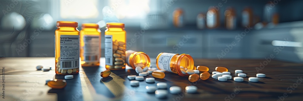 Aufkleber A close-up image of multiple prescription pill bottles with their caps open, and scattered pills on a tabletop. Generative AI