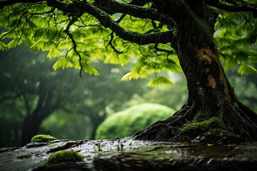 Fototapeta premium Lush tree surrounded by rain-soaked moss, Tranquil scene rain falling on mossy forest floor.