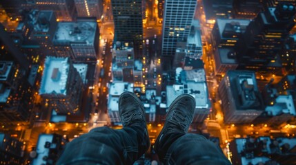 A persons feet dangle over the edge of a rooftop, overlooking a city lit up at night