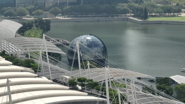sunny day singapore city marina bay famous electronic store exterior mall rooftop aerial panorama 4k