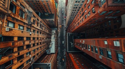 A birds eye view of a narrow city street, framed by towering brick buildings