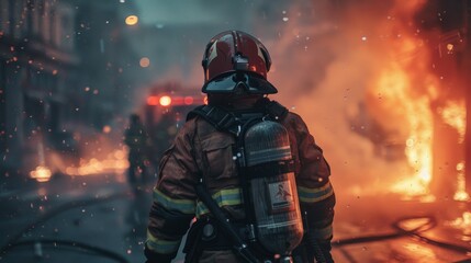 A firefighter walks through smoke and flames in an urban setting. The scene is chaotic and intense