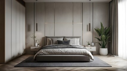 Design a modern bedroom with minimalist furniture and neutral tones.
