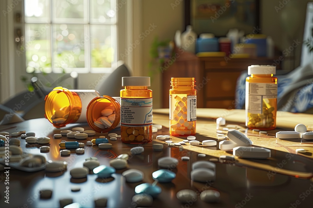 Aufkleber A close-up shot of an overturned table with several open prescription pill bottles and scattered pills. Generative AI