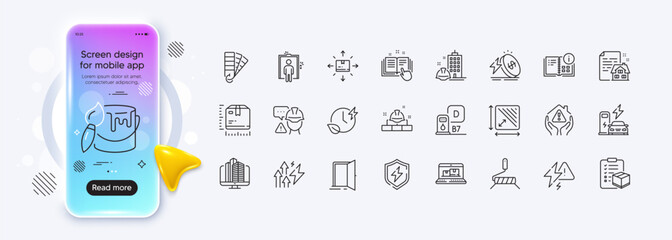 Cardboard box, Construction bricks and Charging time line icons for web app. Phone mockup gradient screen. Pack of Open door, Lightning bolt, Parcel checklist pictogram icons. Vector