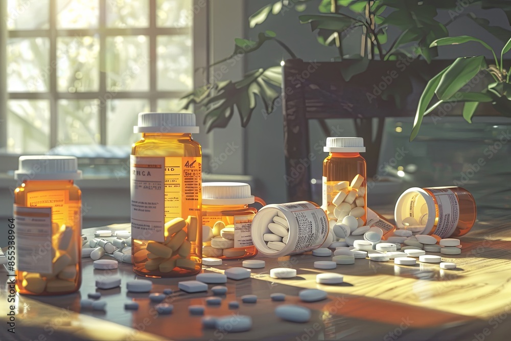 Fototapete a scene showing multiple prescription pill bottles with their caps open, and various pills scattered