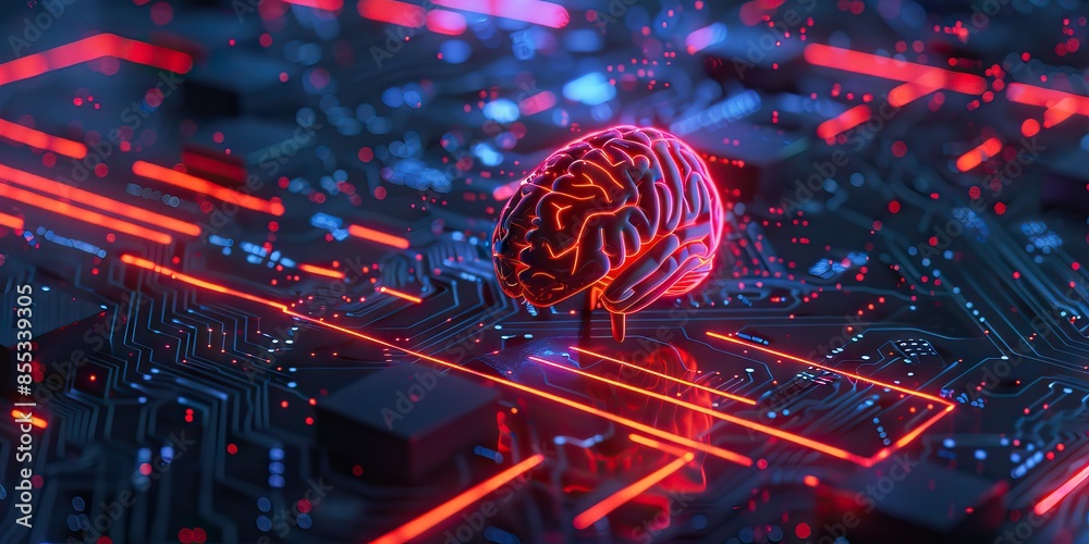 Wall mural 3d rendering of human brain on technology background represent artificial intelligence and cyber space concept. AI generated illustration - Wall murals