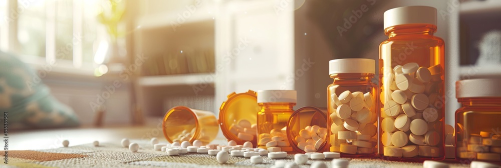 Aufkleber a close-up of several open prescription bottles, with pills scattered on a table in a home or pharma