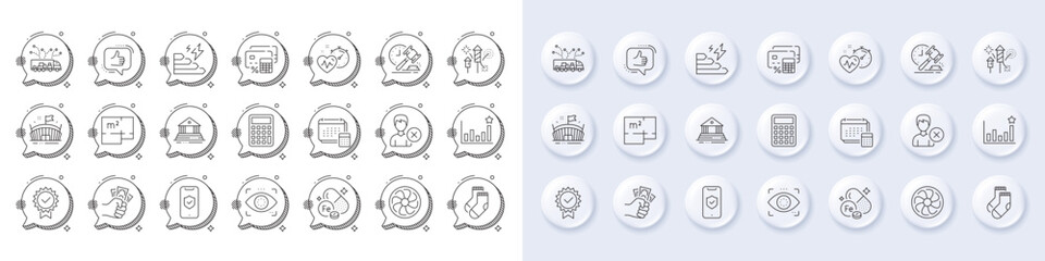Court building, Phone protection and Auction hammer line icons. White pin 3d buttons, chat bubbles icons. Pack of Fireworks rocket, Certificate, Like icon. Socks, Arena, Calculator pictogram. Vector