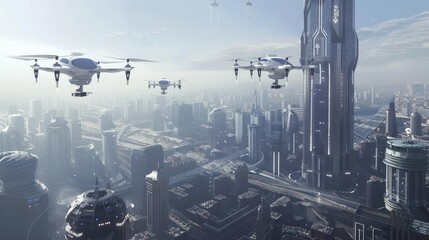 Cyberpunk city high-rise technology metropolis building with drones. AI generated image