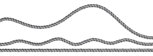 Straight and wavy steel rope set. Metal cable with black patina isolated on white background. 3D rendering. © Vitaly