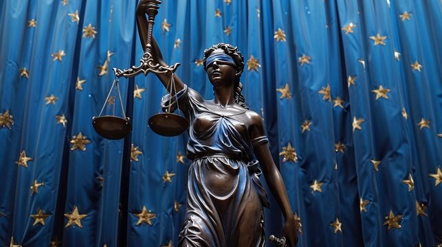 Lady Justice Statue with Blue Star Curtains in Background