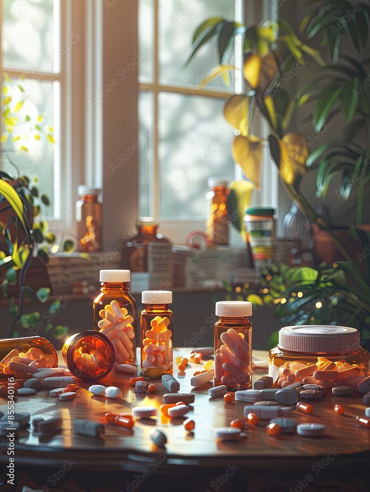 Aufkleber A table with open prescription pill bottles and scattered pills. The background is a blurred image of a window and plants, suggesting a home or pharmacy setting. Generative AI