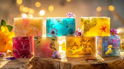 Vibrant Soap Samples with Flower Decoration, Natural Handmade Aromatherapy Bath and Shower Products