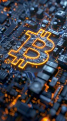 Glowing Bitcoin symbol on a circuit board, close-up view. Cryptocurrency and digital finance concept