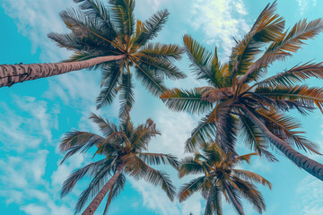 Palm trees in summer on a beach, view from bottom to top, blue sky, sunny day