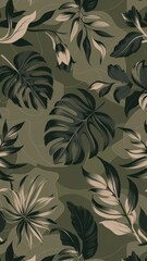 Seamless pattern featuring various tropical leaves in a sophisticated color palette, perfect for wallpaper, textile designs, and interior decoration projects.