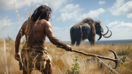 Neanderthal man hunts woolly mammoth, strong primitive bearded hunter and animal, caveman of prehistoric era outdoor. Concept of ancient people, Stone Age and human
