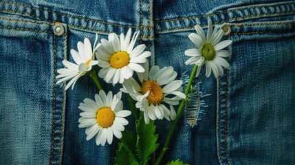 Chamomile flowers in the pocket of your clothes. A small bouquet of field daisies in the back pocket of blue trousers.