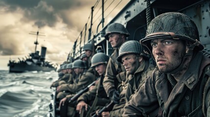 Obraz premium A group of soldiers in helmets on a boat during wartime, ships in the background