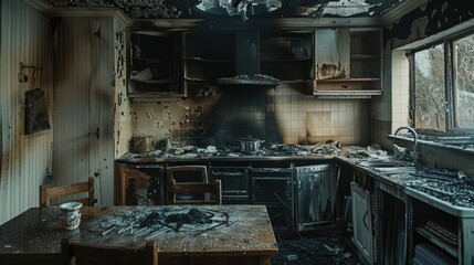 Burnt kitchen aftermath, charred ceiling, soot-covered walls, ash debris on table and floor