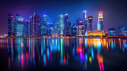 City skyline illuminated at night reflected in water, glowing buildings and vibrant lights