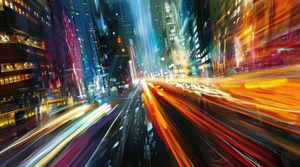 Cityscape abstraction with dynamic light streaks and vibrant colors, creating a sense of motion