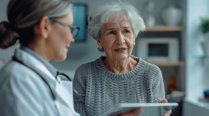 Fototapeta premium Elderly woman in grey sweater talking to a doctor holding a tablet