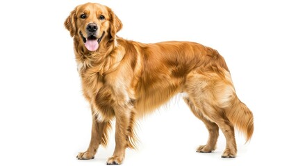 Golden retriever with a shiny coat standing, tongue out, white background