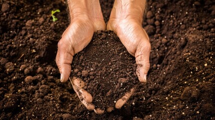 Hands gently holding a pile of rich, dark soil against a background of more soil