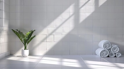 Minimalist bathroom with sunlight, white tiles, rolled towels, and a small potted plant