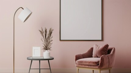 Minimalist reading nook with velvet armchair, side table, floor lamp, and blank picture frame